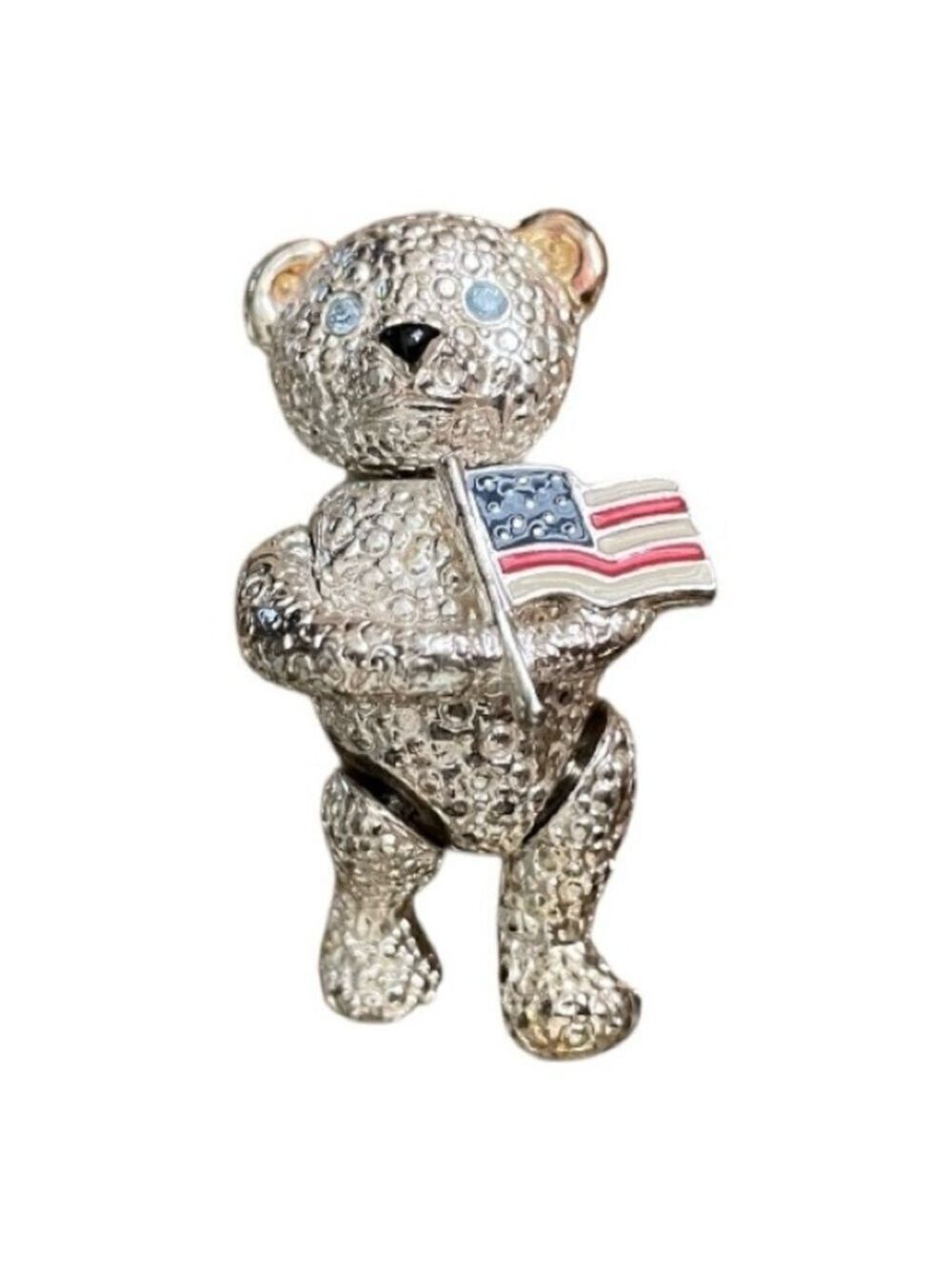 Napier Patriotic Teddy Bear Brooch w/American Flag Silver-tone USA Flag Moveable